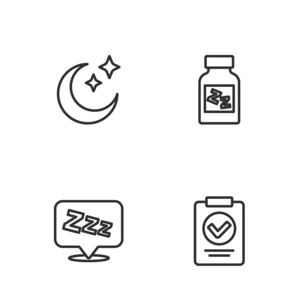 Set Line Medical Prescription Sleepy Moon Stars Sleeping Pill Icon — Stock vektor