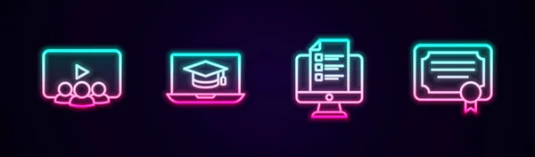Set Line Online Class Graduation Cap Laptop Quiz Test Survey — Stockvector