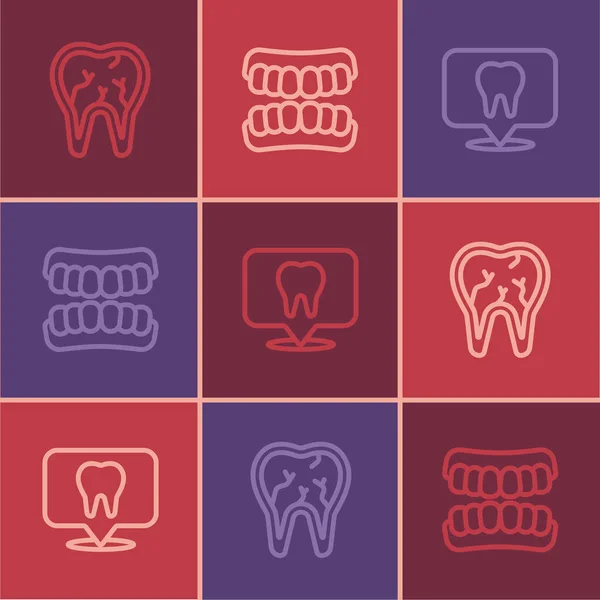Set Line Broken Tooth Dental Clinic Location Dentures Model Icon — Wektor stockowy