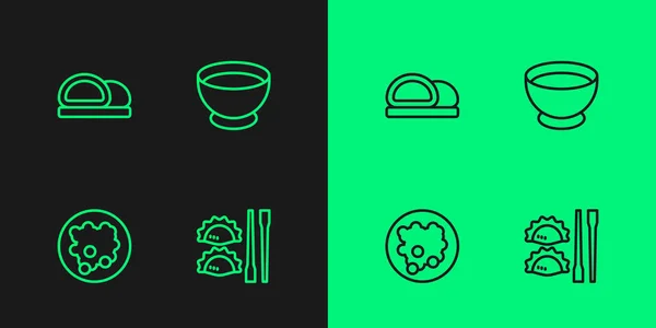 Set Line Dumpling Chopsticks Rice Bowl Sushi Soy Sauce Icon — Image vectorielle