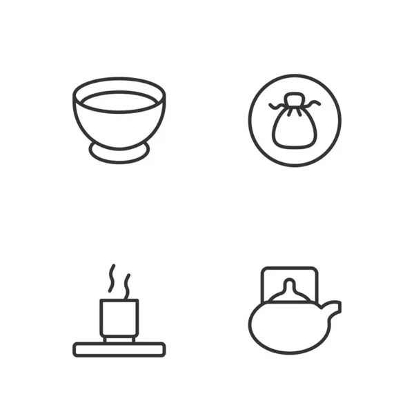 Set Line Traditional Tea Ceremony Cup Soy Sauce Bowl Wonton — Image vectorielle