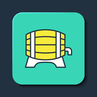 Askıda ahşap varil ve mavi arka planda izole edilmiş durdurma simgesi var. Turkuaz kare düğme. Vektör