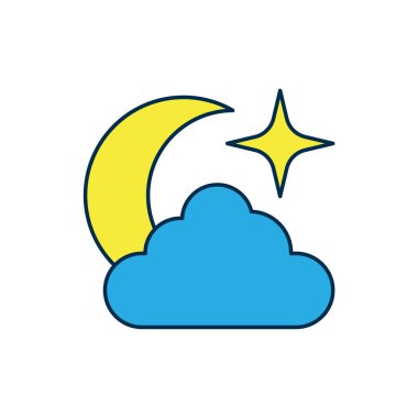 Doldurulmuş Ay ve yıldız simgesi beyaz arkaplanda izole edildi. Bulutlu gece işareti. Uyku rüyalarının sembolü. Dolunay. Gece ya da yatak zamanı tabelası. Vektör