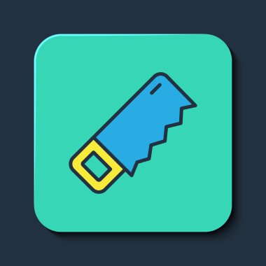 Mavi arka planda el testeresi simgesi var. Turkuaz kare düğme. Vektör