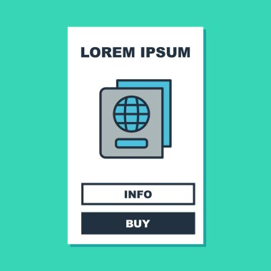 Turkuaz arka planda izole edilmiş biyometrik veri ikonu ile doldurulmuş pasaport. Kimlik belgesi. Vektör