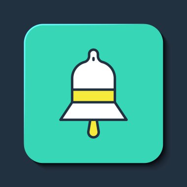 Doldurulmuş tren istasyonu çan simgesi mavi arkaplanda izole edildi. Turkuaz kare düğme. Vektör