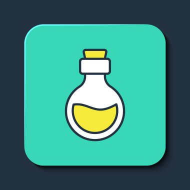 Filled outline Glass bottle with magic elixir icon isolated on blue background. Computer game asset. Turquoise square button. Vector