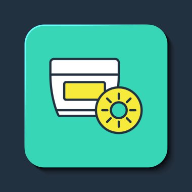 Filled outline Sunscreen cream in tube icon isolated on blue background. Protection for the skin from solar ultraviolet light. Turquoise square button. Vector