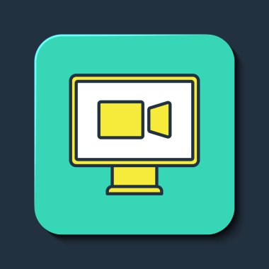 Mavi arkaplanda izole edilmiş ana hatlı görüntülü sohbet sohbet ikonu. Çevrimiçi iş görüşmesi formu. Uzak proje yönetimi. Turkuaz kare düğme. Vektör