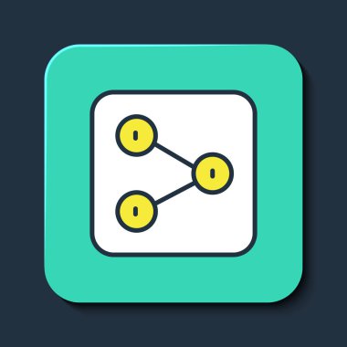 Doldurulmuş paylaşım simgesi mavi arkaplanda izole edildi. Paylaş, paylaş, iletişim piktogramı, sosyal medya, bağlantı, ağ. Turkuaz kare düğme. Vektör