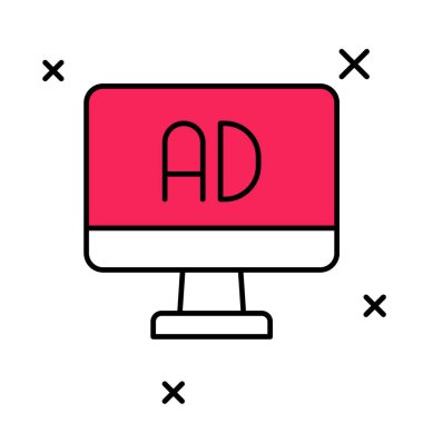 Doldurulmuş ana hat reklam simgesi beyaz arkaplanda izole edildi. Pazarlama ve tanıtım süreci kavramı. İlgili reklamlar. Sosyal medya reklamcılığı. Vektör