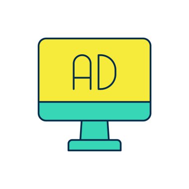 Doldurulmuş ana hat reklam simgesi beyaz arkaplanda izole edildi. Pazarlama ve tanıtım süreci kavramı. İlgili reklamlar. Sosyal medya reklamcılığı. Vektör