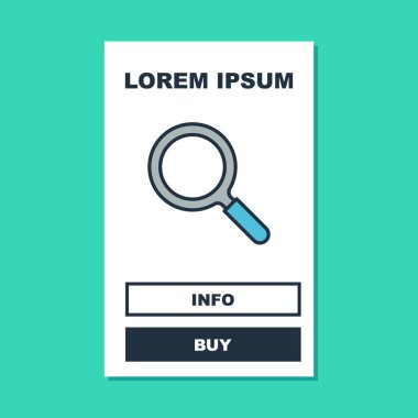 Doldurulmuş büyüteç simgesi turkuaz arka planda izole edilmiş. Arama, odaklanma, yakınlaştırma, iş sembolü. Vektör