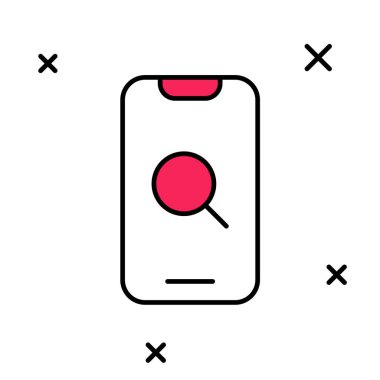 Beyaz arka planda izole edilmiş ana hatlı büyüteç ve mobil simge. Arama, odaklanma, yakınlaştırma, iş sembolü. Vektör