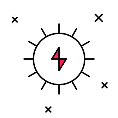 Beyaz arkaplanda izole edilmiş ana hatlı Güneş enerjisi simgesi. Yıldırım sembollü güneş. Vektör