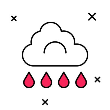 Beyaz arka planda izole edilmiş yağmur ikonu ile ana hatları doldurulmuş. Yağmur damlaları ile yağmur bulutu yağışı. Vektör
