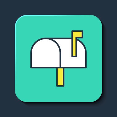 Doldurulmuş posta kutusu simgesi mavi arkaplanda izole edildi. Posta kutusu simgesi. Posta kutusunda bayrak var. Turkuaz kare düğme. Vektör