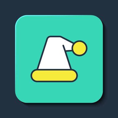 Mavi arka planda izole edilmiş Noel Baba şapkası ikonu. Mutlu Noeller ve mutlu yıllar. Turkuaz kare düğme. Vektör