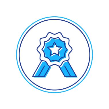 Beş yıldızlı ana hatları doldurulmuş ürün değerlendirme simgesi beyaz arkaplanda izole edildi. Favori, en iyi derecelendirme, ödül sembolü. Vektör