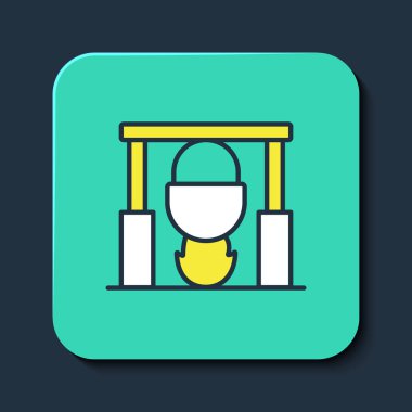 Kamp ateşi ve çömlek ikonu mavi arka planda izole edilmiş. Ateş kampı, yakacak odun ve alevlerin üzerinde kazanda pişiyor. Turkuaz kare düğme. Vektör