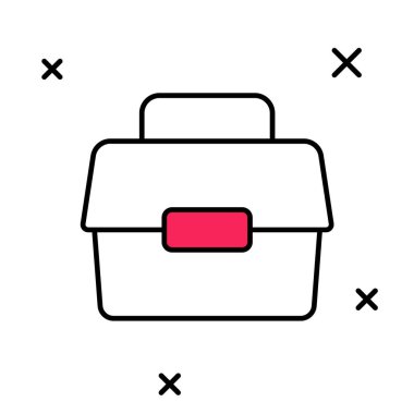 Beyaz arka planda izole edilmiş ana hatlı kasa ya da kutu konteynır sendeleyici ve dişli balıkçılık ekipmanları ikonu. Balık oltası. Vektör