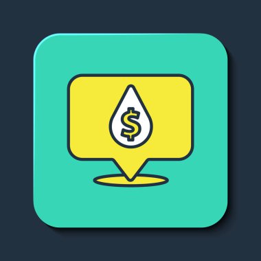 Mavi arka planda izole edilmiş dolar sembolü simgesiyle kaplanmış yağ damlası. Petrol fiyatı. Petrol ve petrol endüstrisi. Turkuaz kare düğme. Vektör