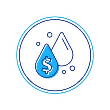 Beyaz arka planda izole edilmiş dolar sembolü simgesiyle ana hatlarıyla doldurulmuş yağ damlası. Petrol fiyatı. Petrol ve petrol endüstrisi. Vektör