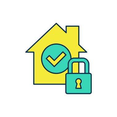 Beyaz arka planda izole edilmiş koruma simgesi altında ana hatları doldurulmuş ev. Eve git ve kilitle. Koruma, güvenlik, güvenlik, koruma, savunma konsepti. Vektör