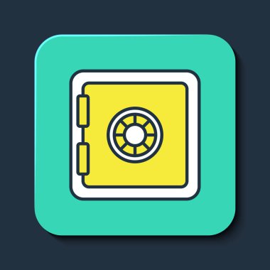 Doldurulmuş Güvenli simge mavi arkaplanda izole edildi. Kapı, şifreli bir banka kasası. Güvenilir Veri Koruma. Turkuaz kare düğme. Vektör