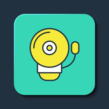 Doldurulmuş ana hat zil simgesi mavi arkaplanda izole edildi. Yangın alarmı. Servis zili, el zili işareti, uyarı sembolü. Turkuaz kare düğme. Vektör