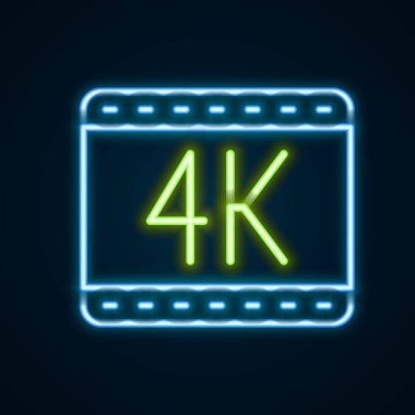 Glowing neon line 4k movie, tape, frame icon isolated on black background. Colorful outline concept. Vector
