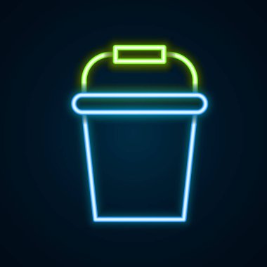 Parlayan neon hattı, siyah arkaplanda izole edilmiş bir kova ikonu. Kovadaki balık. Renkli taslak konsepti. Vektör
