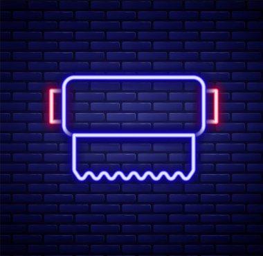 Parlayan neon hattı kumaş rulo ikonu tuğla duvar arka planında izole edildi. Yuvarlan, paspas, halı, halı, halı ya da kağıt rulo ikonu. Renkli taslak konsepti. Vektör