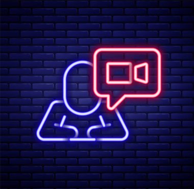Parlayan neon hattı görüntülü sohbet konferansı simgesi tuğla duvar arka planında izole edildi. Çevrimiçi iş görüşmesi formu. Uzak proje yönetimi. Renkli taslak konsepti. Vektör