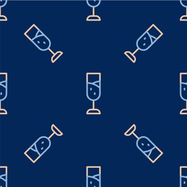 Şampanya ikonu çizgisi mavi arka planda izole edilmiş kusursuz desen. Mutlu Noeller ve mutlu yıllar. Vektör