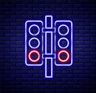 Glowing neon line Racing traffic light icon isolated on brick wall background. Colorful outline concept. Vector