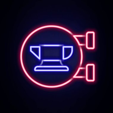 Parlayan neon hattı Demirci örs alet simgesi tuğla duvar arka planında izole edildi. Metal dövmesi. Kalpazanlık aleti. Renkli taslak konsepti. Vektör