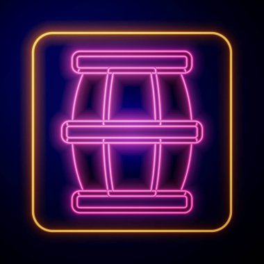 Glowing neon Wooden barrel with honey icon isolated on black background.  Vector