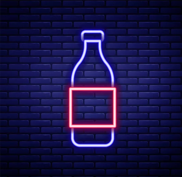 Leuchtende Neon Linie Flasche Wein Symbol Isoliert Auf Backsteinwand Hintergrund — Stockvektor