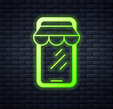 Cep telefonu simgesinde parlayan neon çevrimiçi alışveriş tuğla duvar arkasında izole edilmiş. İnternet dükkanı, mobil mağaza uygulaması ve faturalar. Vektör