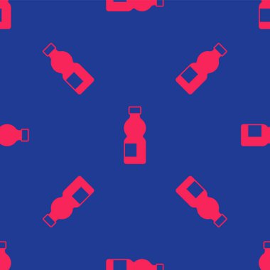 Kırmızı şişe su ikonu mavi arka planda izole edilmiş. Soda su içme tabelası. Vektör