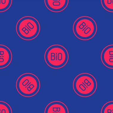 Kırmızı Bayrak, etiket, etiket, biyoyeşil sağlıklı yiyecek ikonu için logo mavi arka planda izole edilmiş pürüzsüz desen. Organik ürün. Sağlıklı yemek etiketi. Vektör