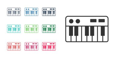 Siyah Müzik Sentezleyici simgesi beyaz arkaplanda izole edildi. Elektronik piyano. Simgeleri renklendirin. Vektör