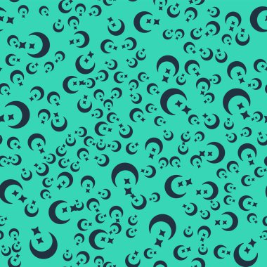 Kara Ay ve yıldızların simgesi yeşil arka planda izole edilmiş kusursuz desen. Bulutlu gece işareti. Uyku rüyalarının sembolü. Dolunay. Gece ya da yatak zamanı tabelası. Vektör