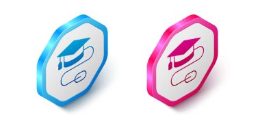 Isometric Graduation cap with mouse icon isolated on white background. World education symbol. Online learning or e-learning concept. Hexagon button. Vector