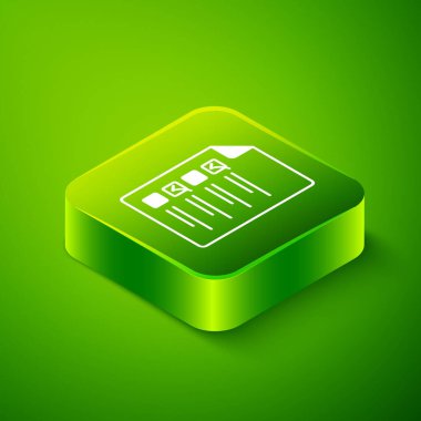 Isometric Çevrimiçi Sınav, Test, İnceleme veya Kontrol Listesi simgesi yeşil arkaplanda izole edildi. Sınav listesi. E-eğitim konsepti. Yeşil kare düğmesi. Vektör