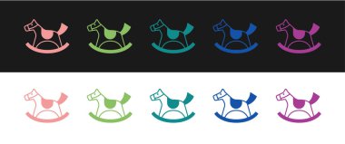 Siyah beyaz arka planda izole edilmiş küçük çocuk simgesi için tahta atı eyere oturt. Vektör