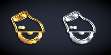 Siyah arka planda izole edilmiş çelik dişli disk ikonu olan altın ve gümüş elektrikli dairesel testere. Tahta ya da metal kesmek için elektrikli el aleti. Uzun gölge tarzı. Vektör