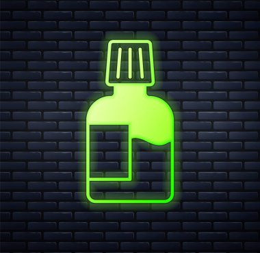Glowing neon Mouthwash plastic bottle icon isolated on brick wall background. Liquid for rinsing mouth. Oralcare equipment.  Vector