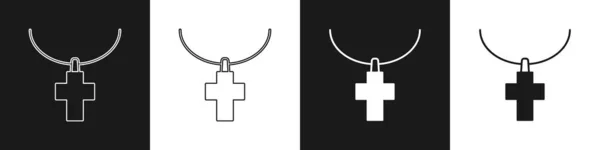 Установить Христианский Крест Цепи Икона Изолированы Черно Белом Фоне Церковный — стоковый вектор